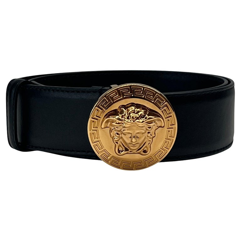 Versace Black Leather Logo Medusa Head Belt (Size 80/32) For Sale at 1stDibs