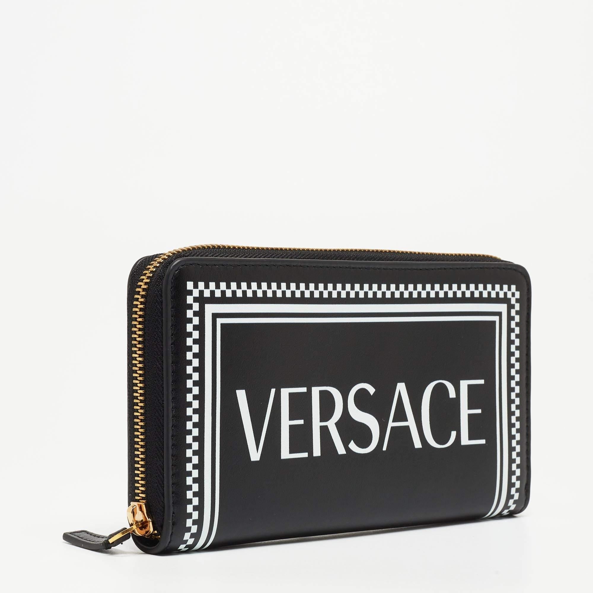 Versace Black Leather Logo Zip Around Continental Wallet 6