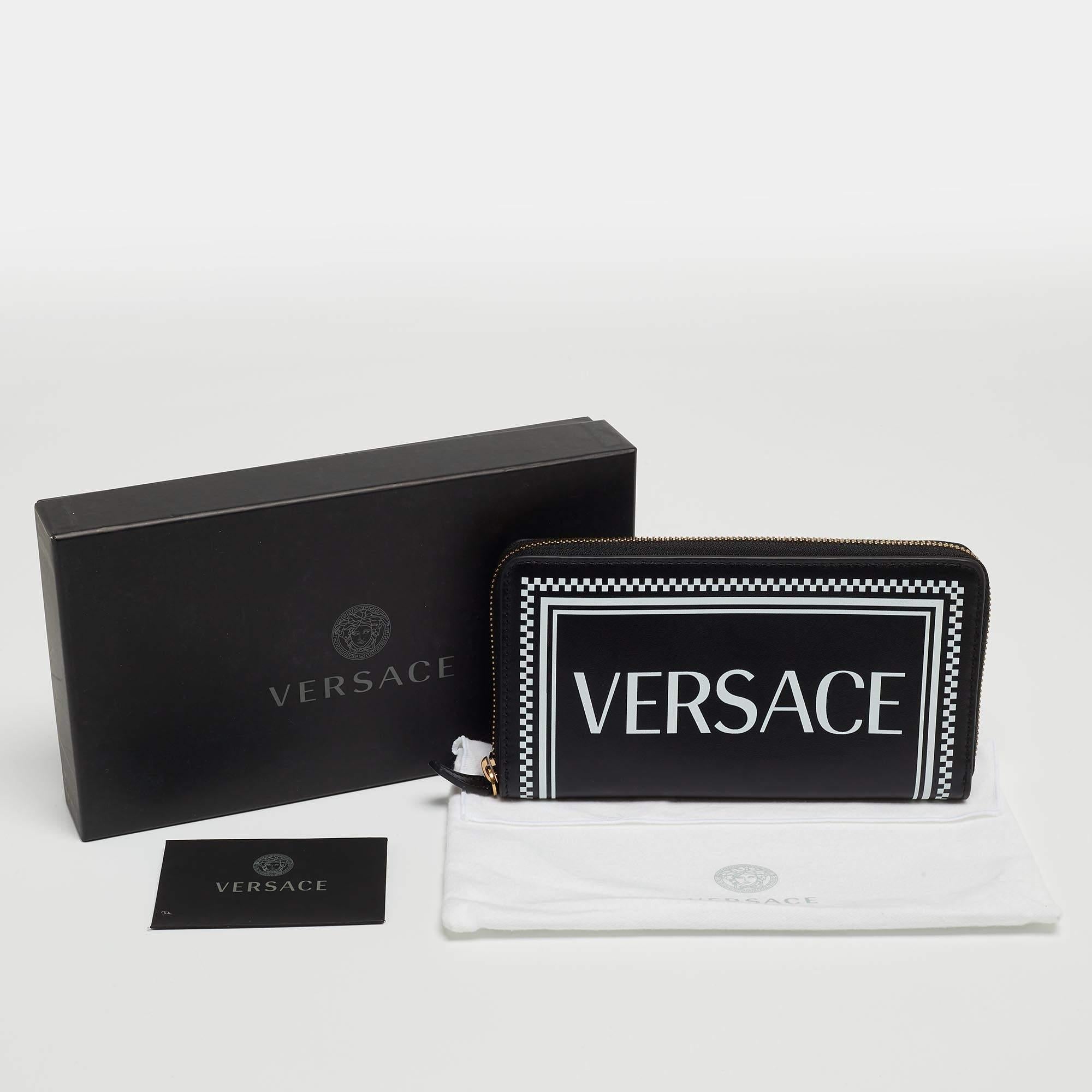 Versace Black Leather Logo Zip Around Continental Wallet 4