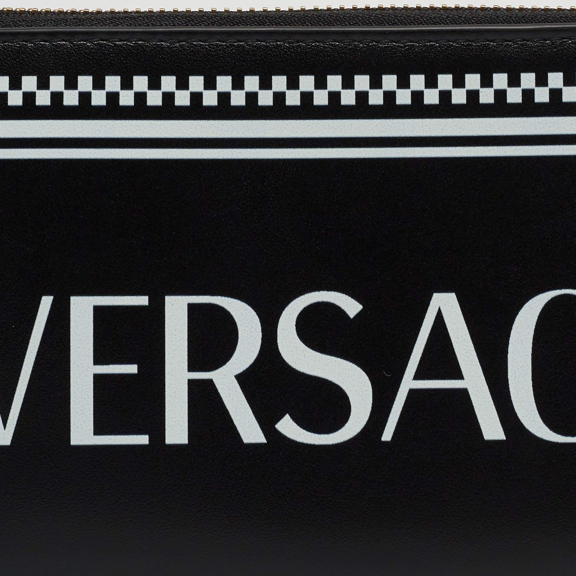Versace Black Leather Logo Zip Around Continental Wallet 5