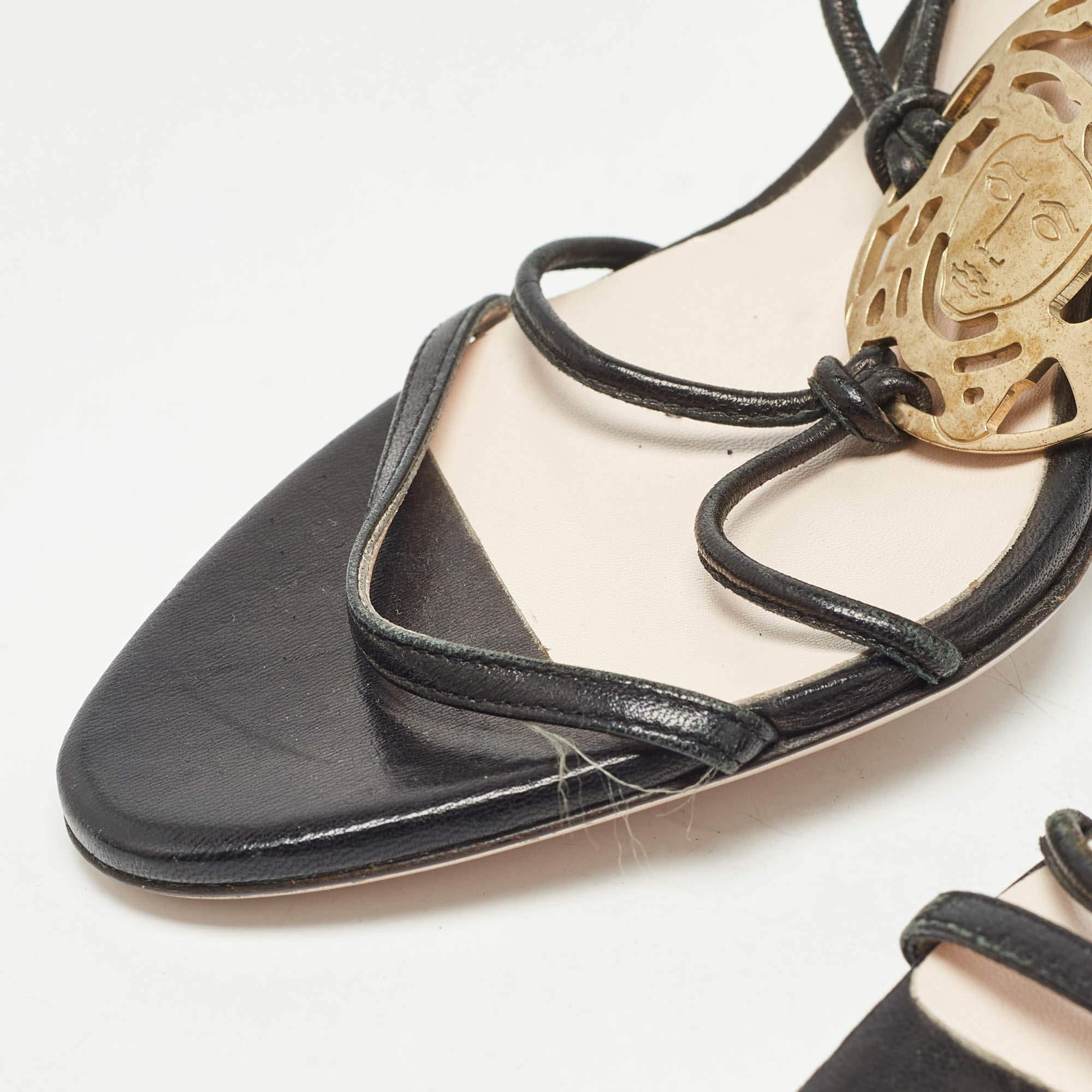 Beige Versace Black Leather Medusa Ankle Strap Sandals Size 39.5