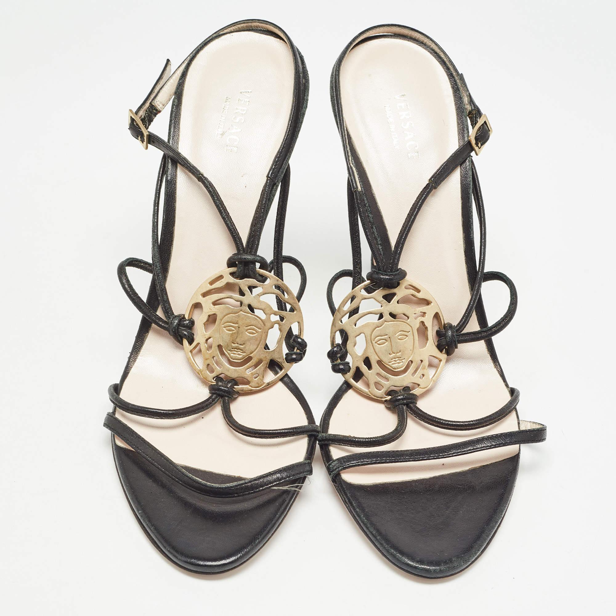 Women's Versace Black Leather Medusa Ankle Strap Sandals Size 39.5