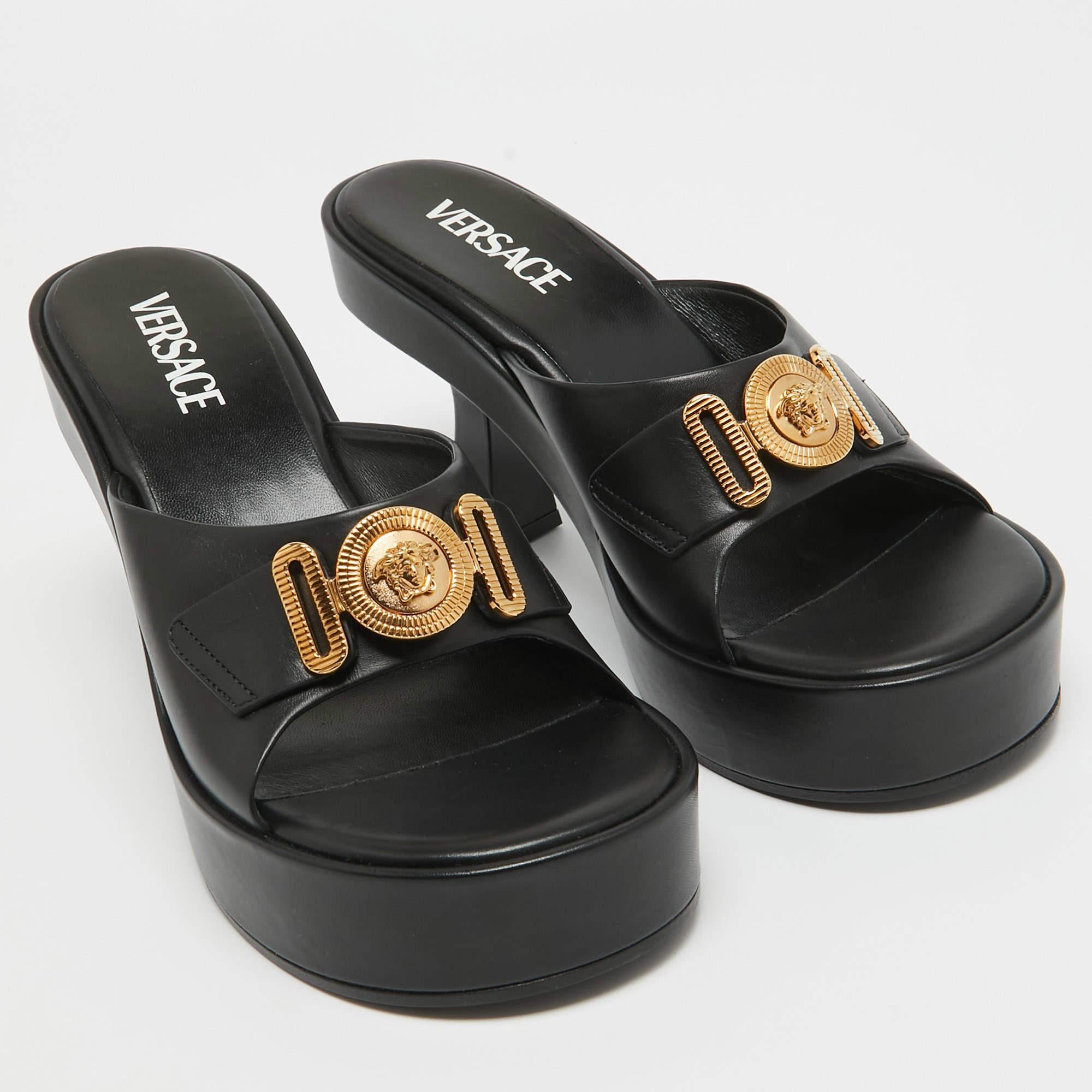 Women's Versace Black Leather Medusa Biggie Platform Slide Sandals Size 39