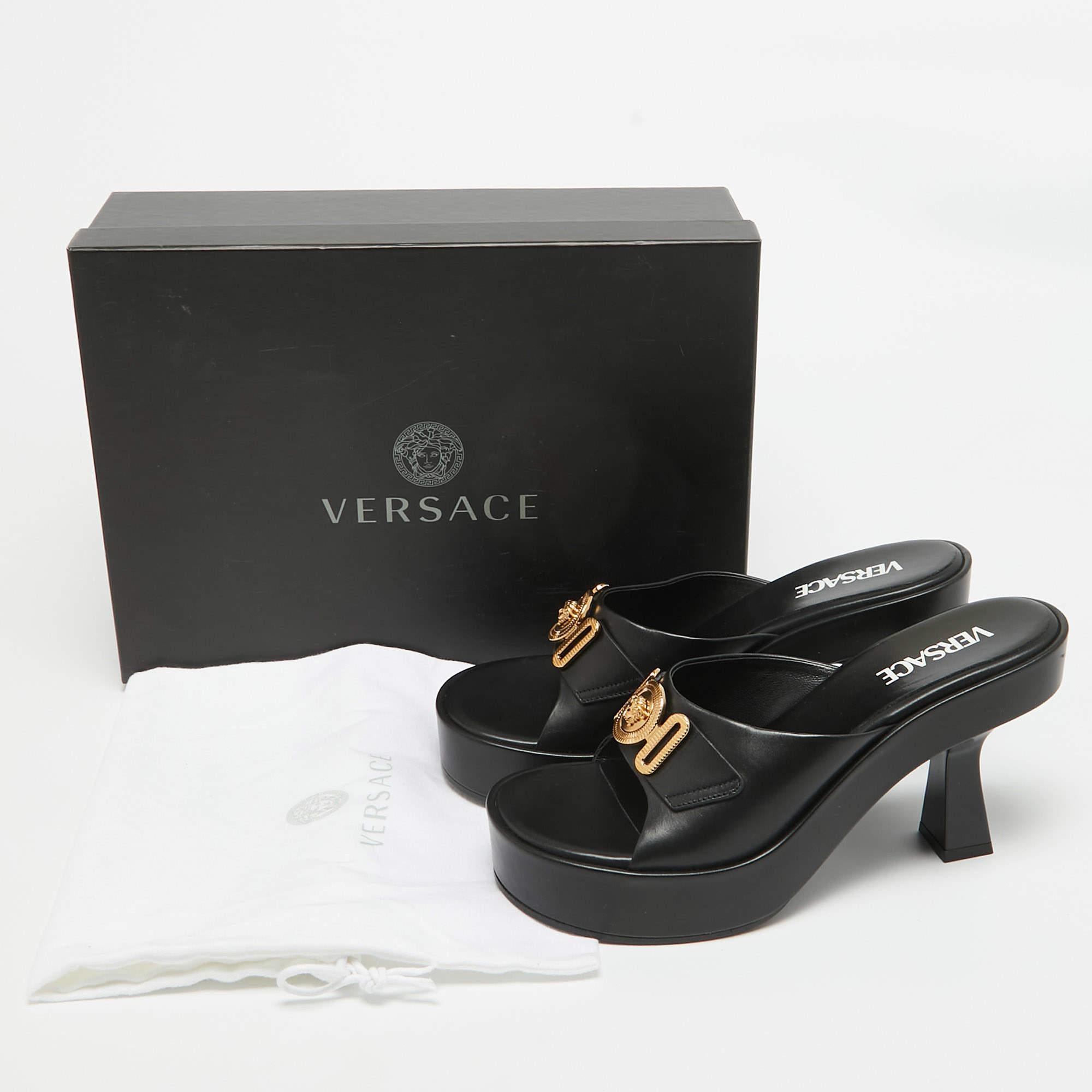 Versace Black Leather Medusa Biggie Platform Slide Sandals Size 39 5