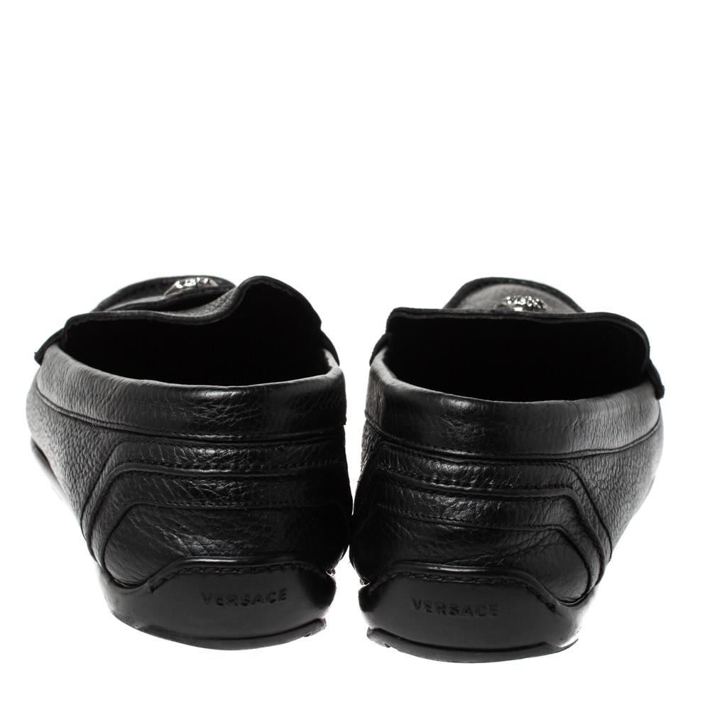 Versace Black Leather Medusa Detail Slip On Loafers Size 42 For Sale 2