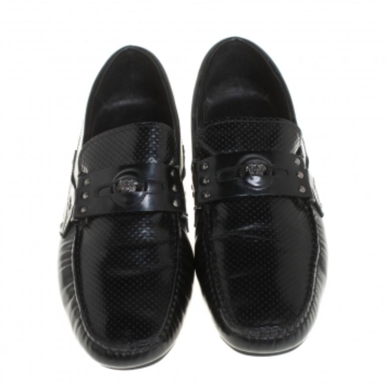 Men's Versace Black Leather Medusa Detail Slip On Loafers Size 43 For Sale