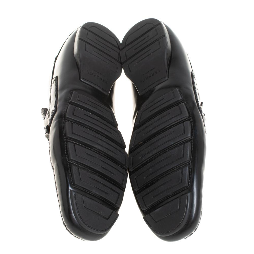 Versace Black Leather Medusa Detail Slip On Loafers Size 43 For Sale 1