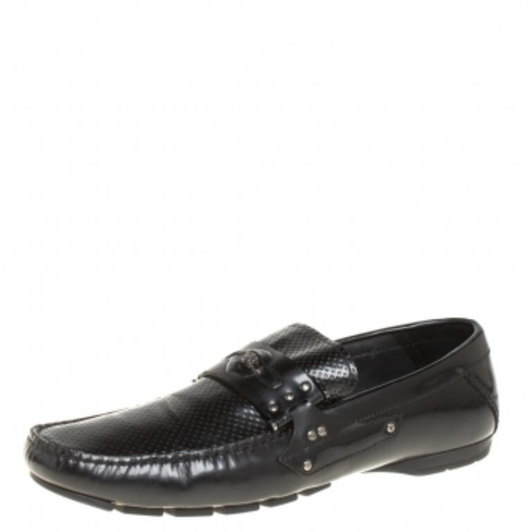 Versace Black Leather Medusa Detail Slip On Loafers Size 43 For Sale 2