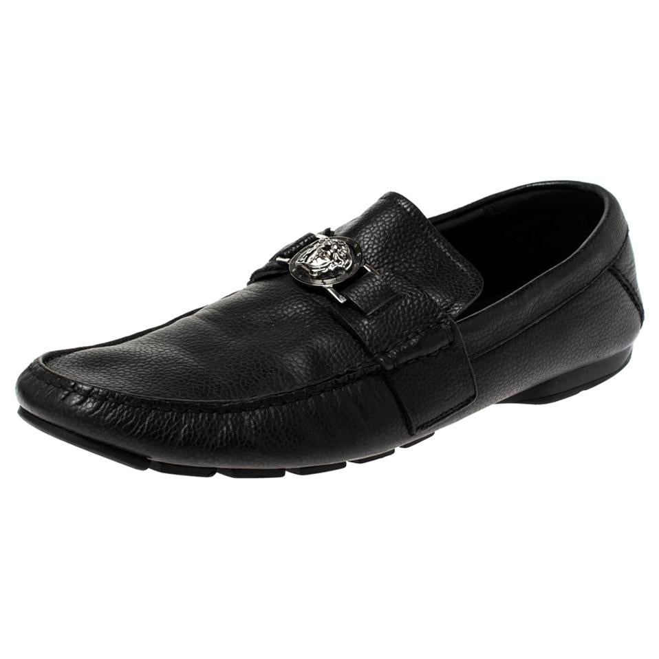 Versace Black Leather Medusa Detail Slip On Loafers Size 43 For Sale