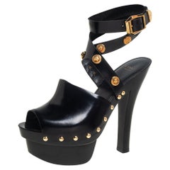 Versace Black Leather Medusa Embellished Ankle Wrap Platform Sandals Size 37