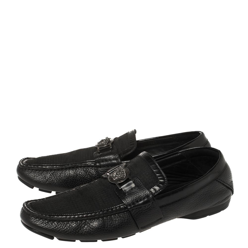 Versace Black Leather Medusa Embellished Slip On Loafers 43 For Sale 1