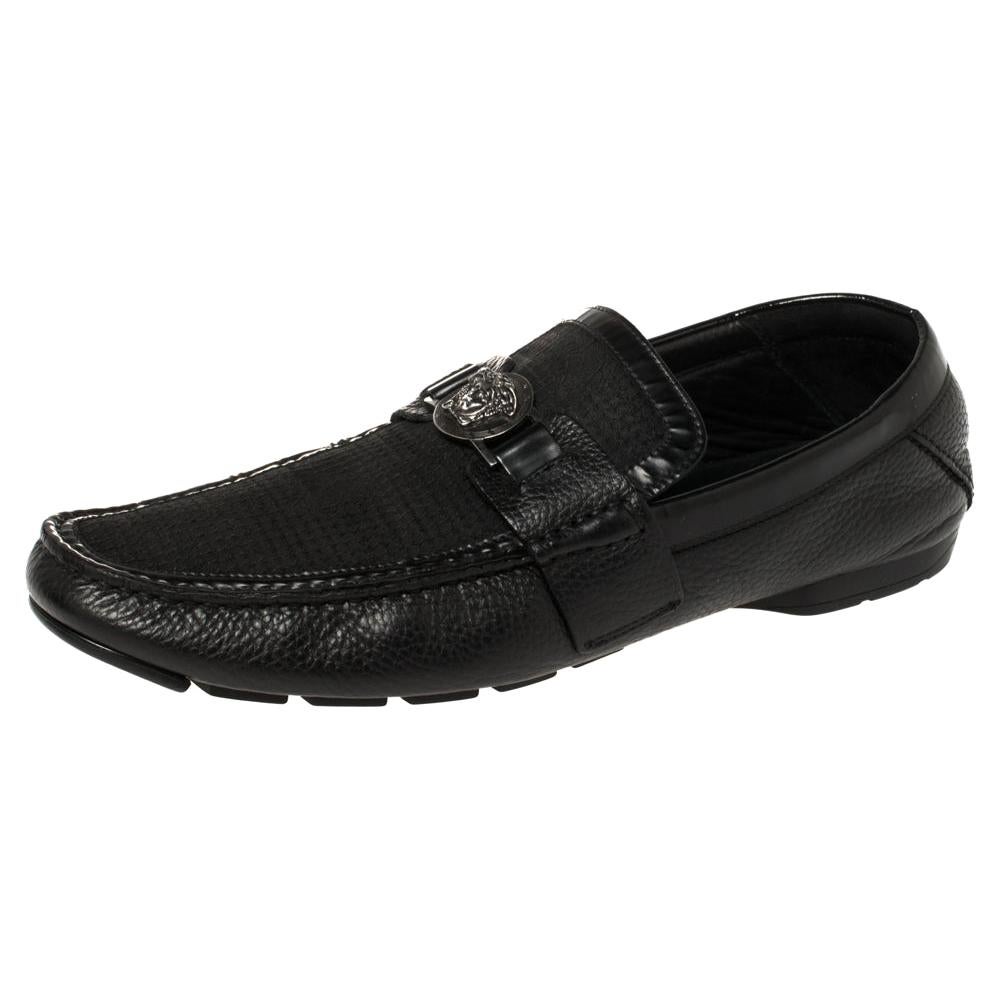 Versace Black Leather Medusa Embellished Slip On Loafers 43 For Sale