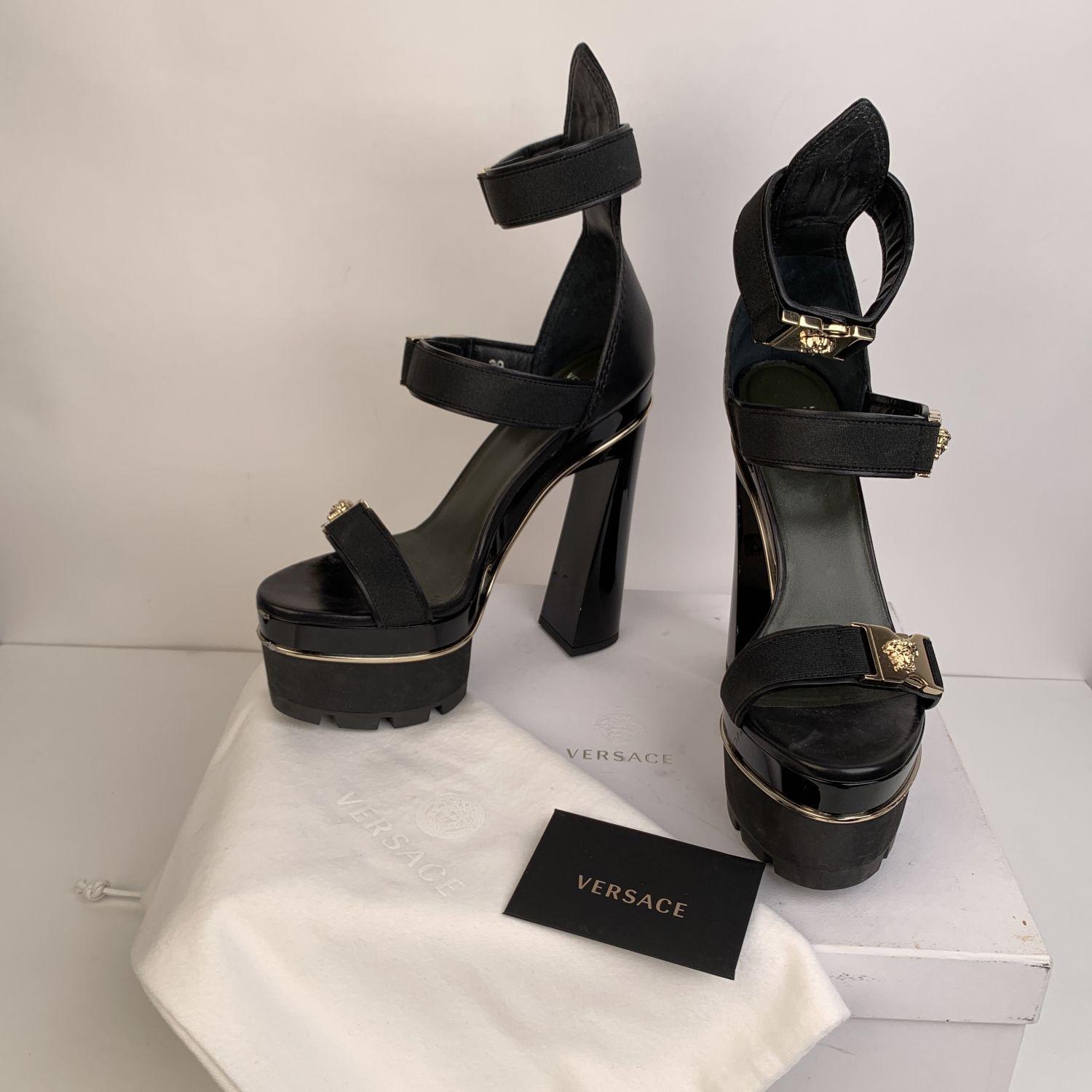 Versace Black Leather Medusa Heeled Platform Sandals EU 39 6