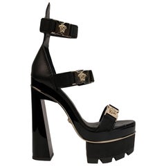 Versace Black Leather Medusa Heeled Platform Sandals EU 39
