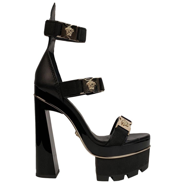 Versace Black Leather Medusa Heeled Platform Sandals EU 39 For Sale at  1stDibs