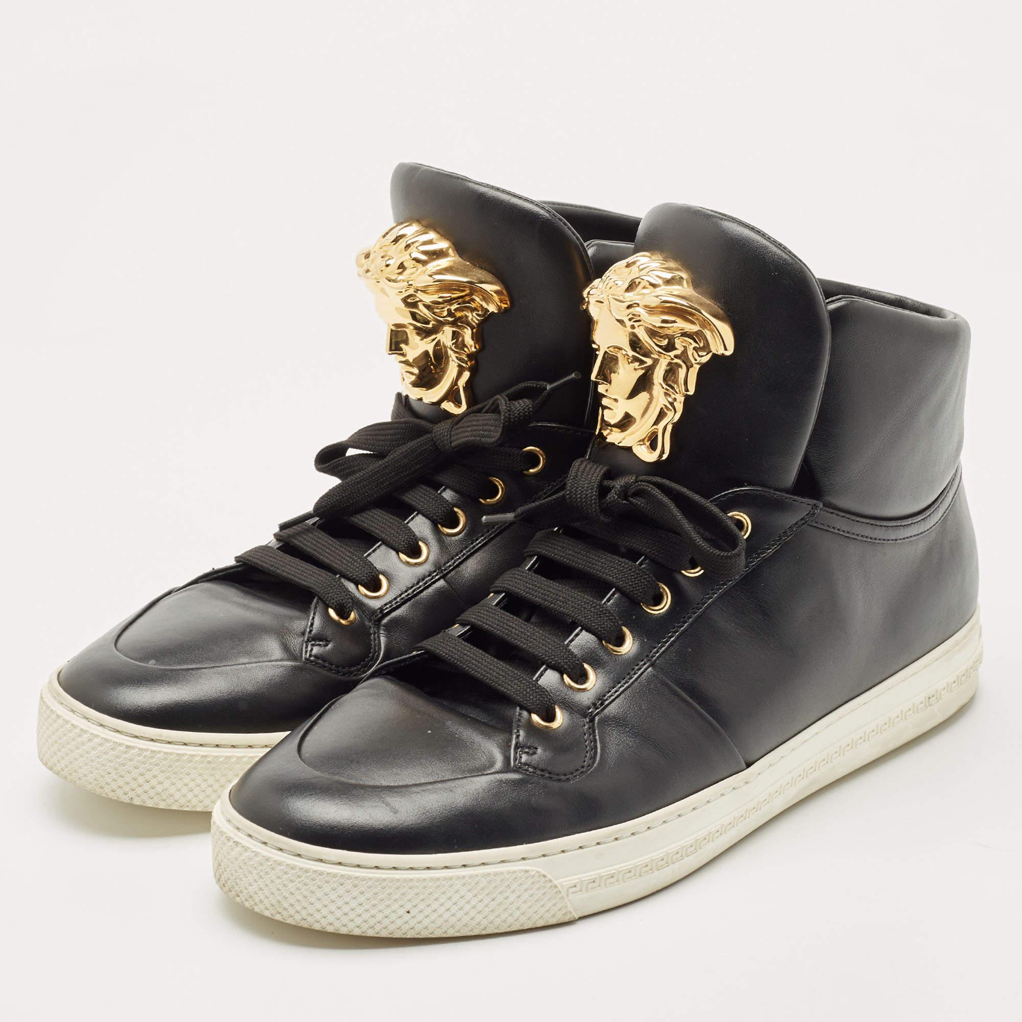 Women's Versace Black Leather Medusa Lace High Top Sneakers Size 42.5