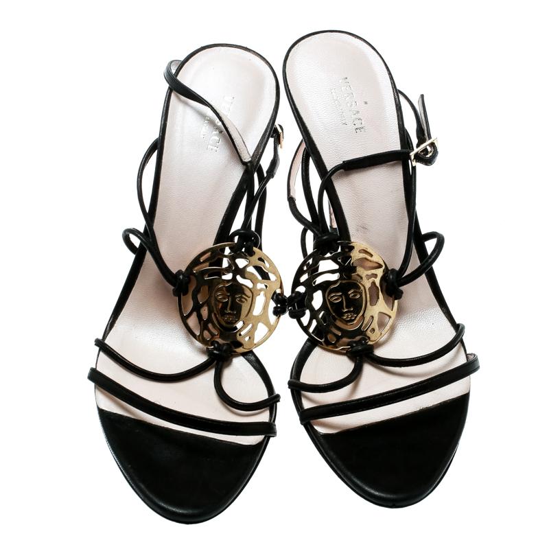 Beige Versace Black Leather Medusa Logo Ankle Strap Sandals Size 39