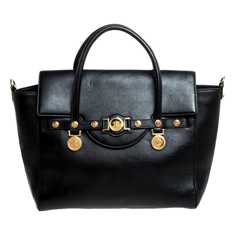 Versace Black Leather Medusa Medallion Satchel