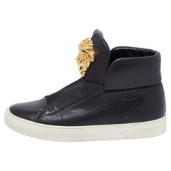 Versace Black Leather Medusa Palazzo Slip On High Top Sneakers Size 40