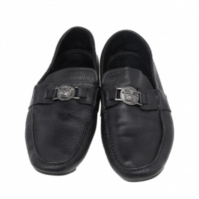Versace Black Leather Medusa Slip On Loafers Size 44 1