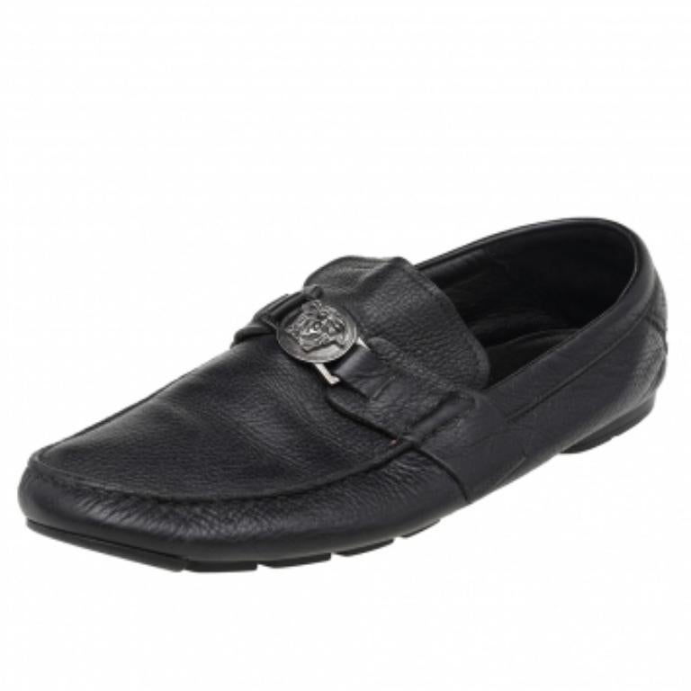 Versace Black Leather Medusa Slip On Loafers Size 44 2