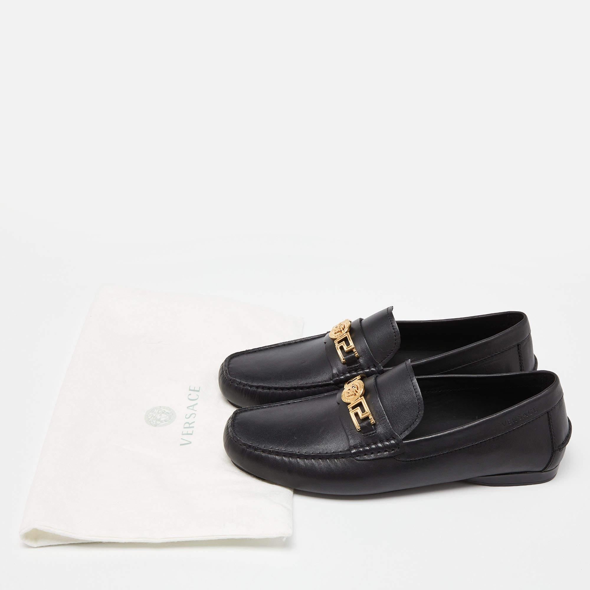 Versace Black Leather Medusa Slip On Loafers Size 44 For Sale 2