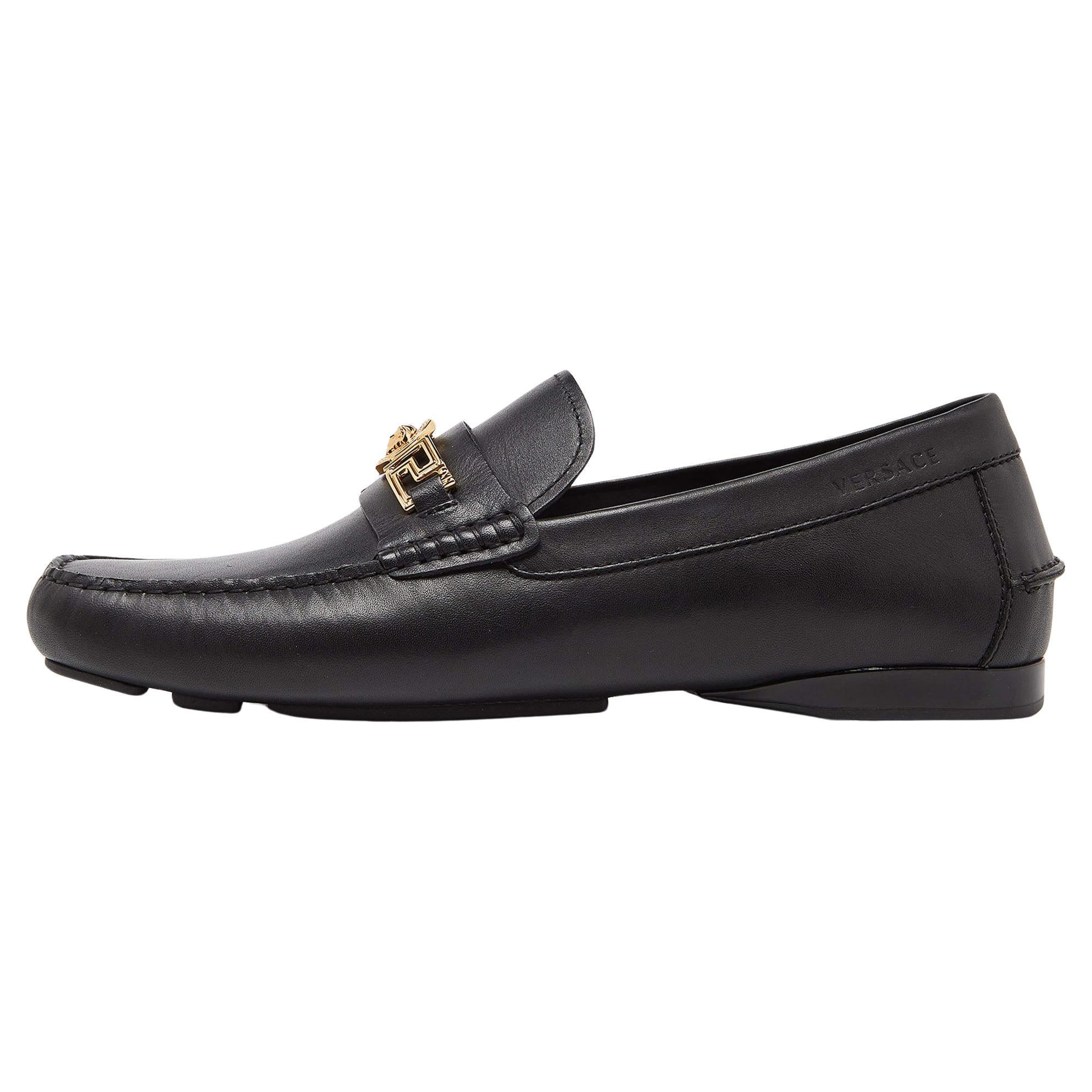 Versace Black Leather Medusa Slip On Loafers Size 44 For Sale