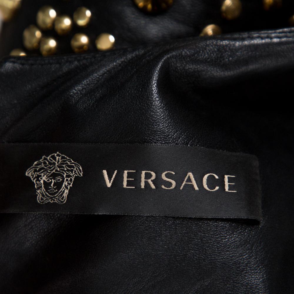 Versace Black Leather Metal Embellished Sheath Dress S In Good Condition In Dubai, Al Qouz 2