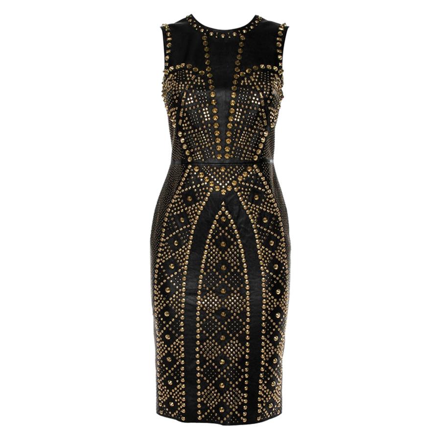 Versace Black Leather Metal Embellished Sheath Dress S