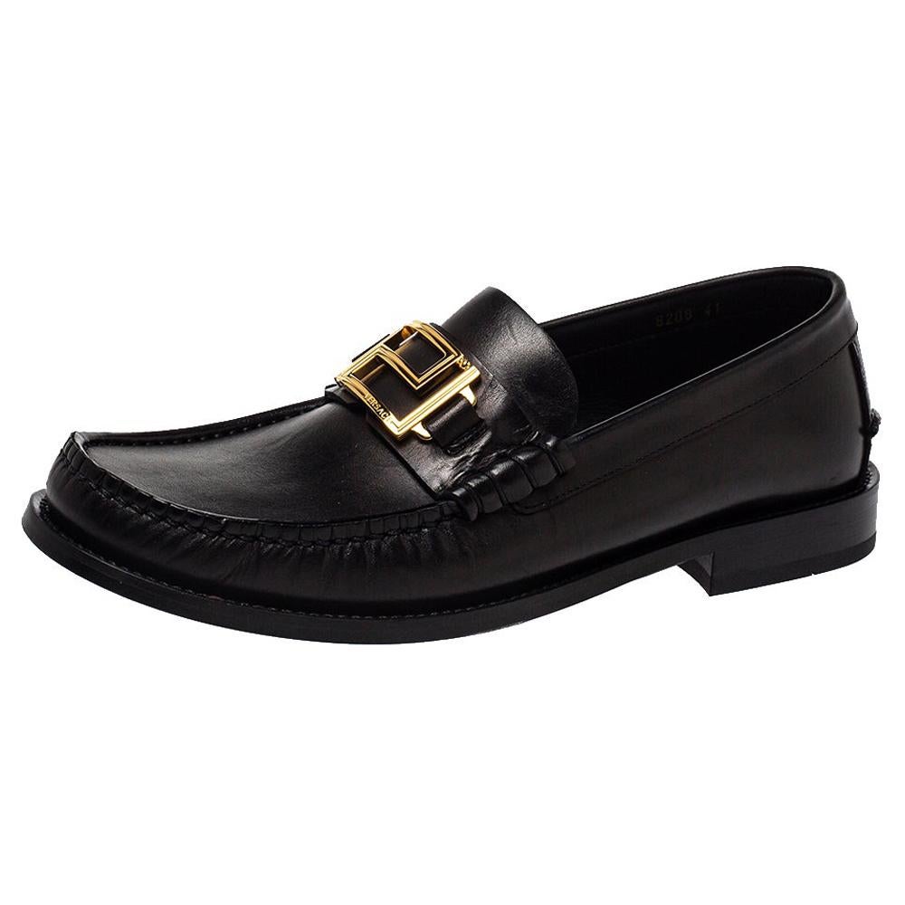 Versace Black Leather Metal Logo Slip On Loafers Size 41 at 1stDibs ...