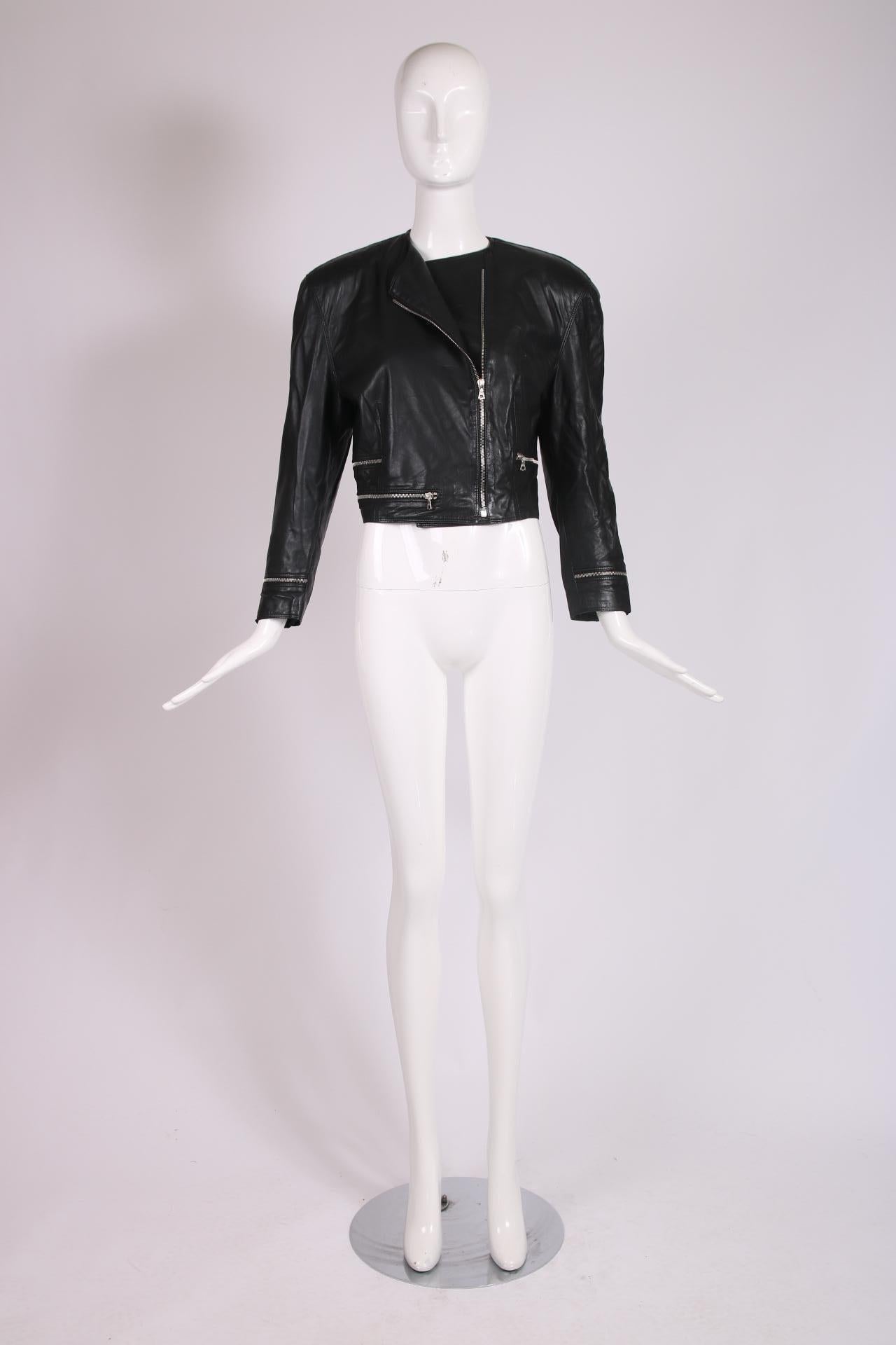 Schwarze Leder-Motorradjacke von Versace für Damen oder Herren