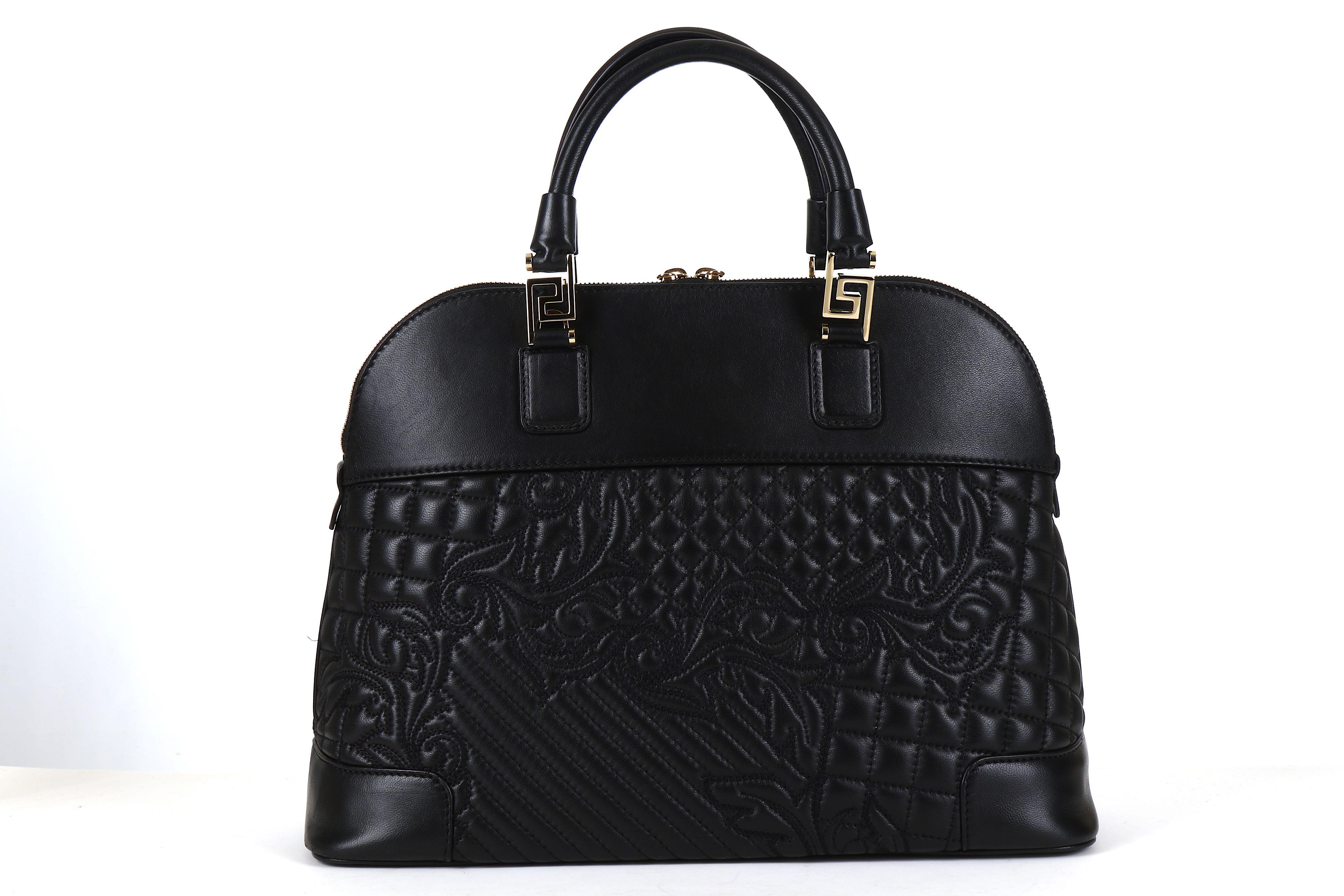 VERSACE BLACK LEATHER NAPPA ATHENA BAROQUE QUILTED VANITAS Bag In New Condition In Montgomery, TX