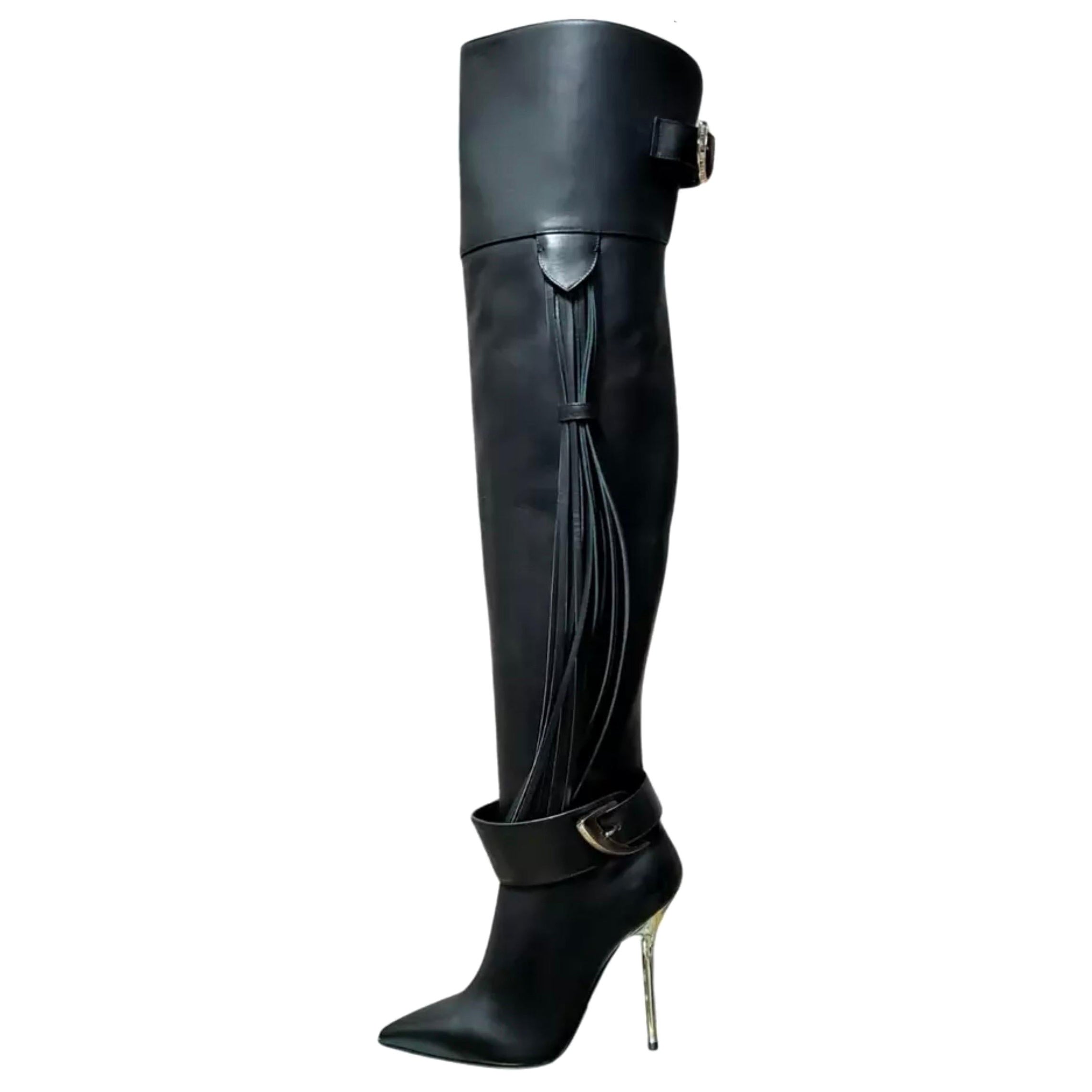 Versace Black Leather Ovet-the-Knee Boots with Tassels 36 - 6 NWT