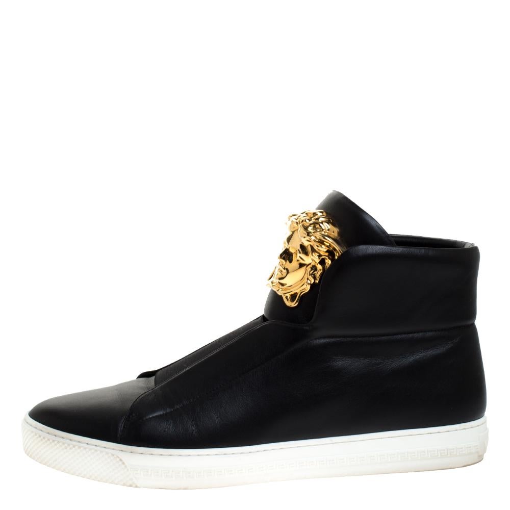 Sneakers are sought-after for reasons like comfort, ease and casual style. These Versace ones fit right in as they are stylish and snug. They come crafted from black leather into a design of elastic panels and the Medusa logo on the