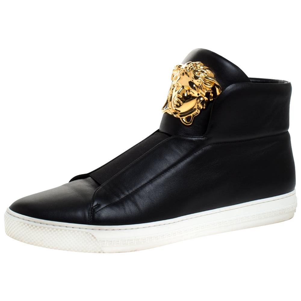 Versace Black Leather Palazzo Slip On High Top Sneakers Size 43