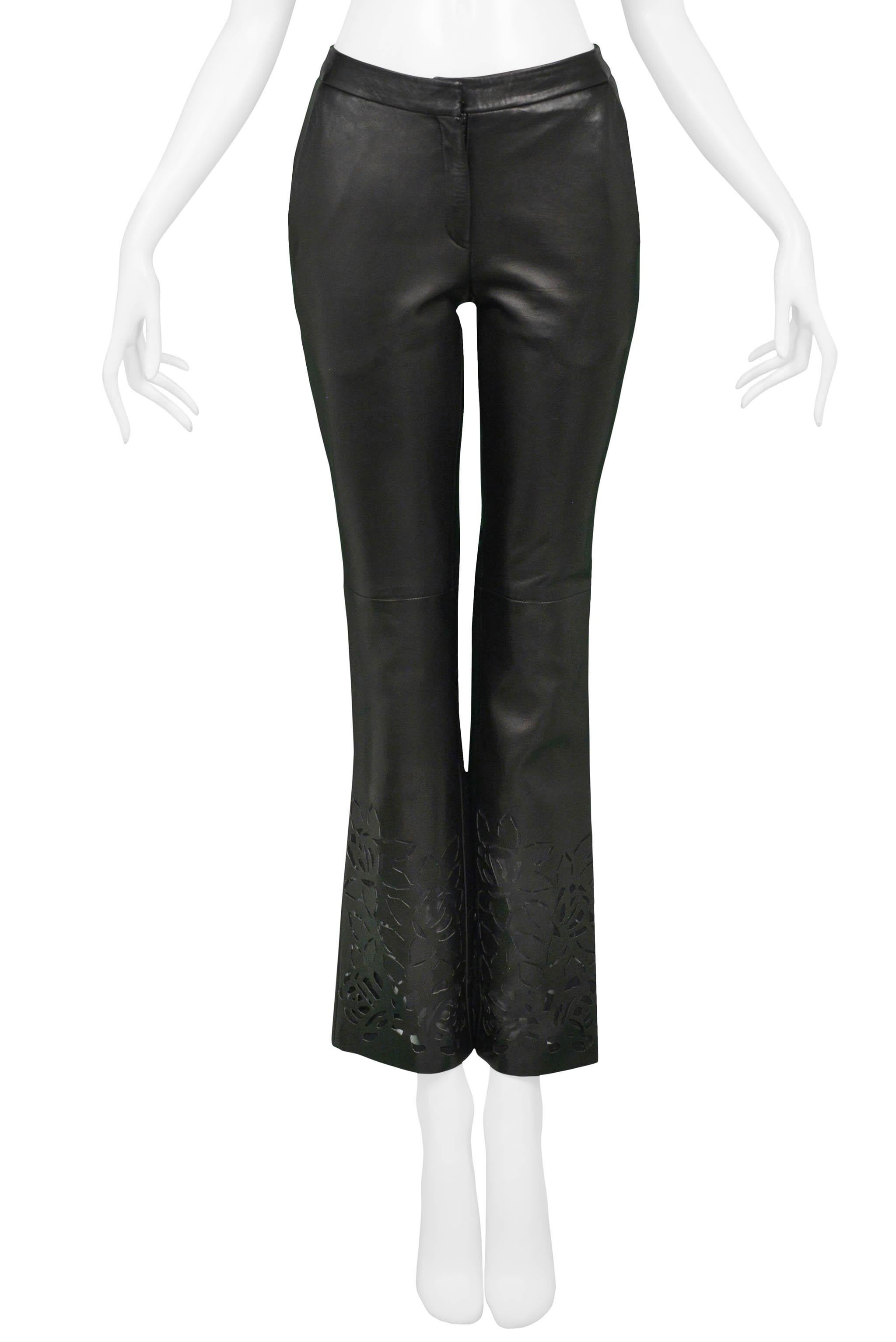 Versace Black Leather Pants With Floral Laser Cutouts In Excellent Condition For Sale In Los Angeles, CA