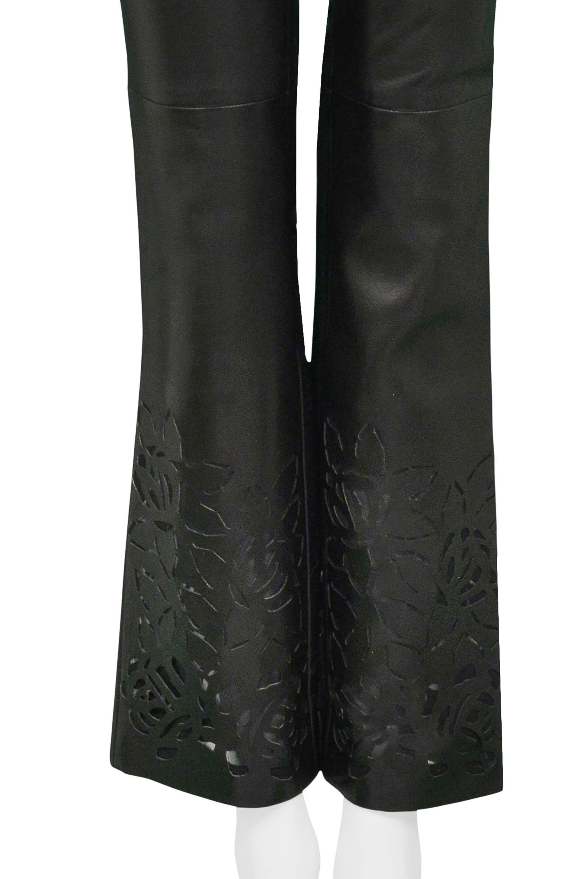 Women's Versace Black Leather Pants With Floral Laser Cutouts For Sale