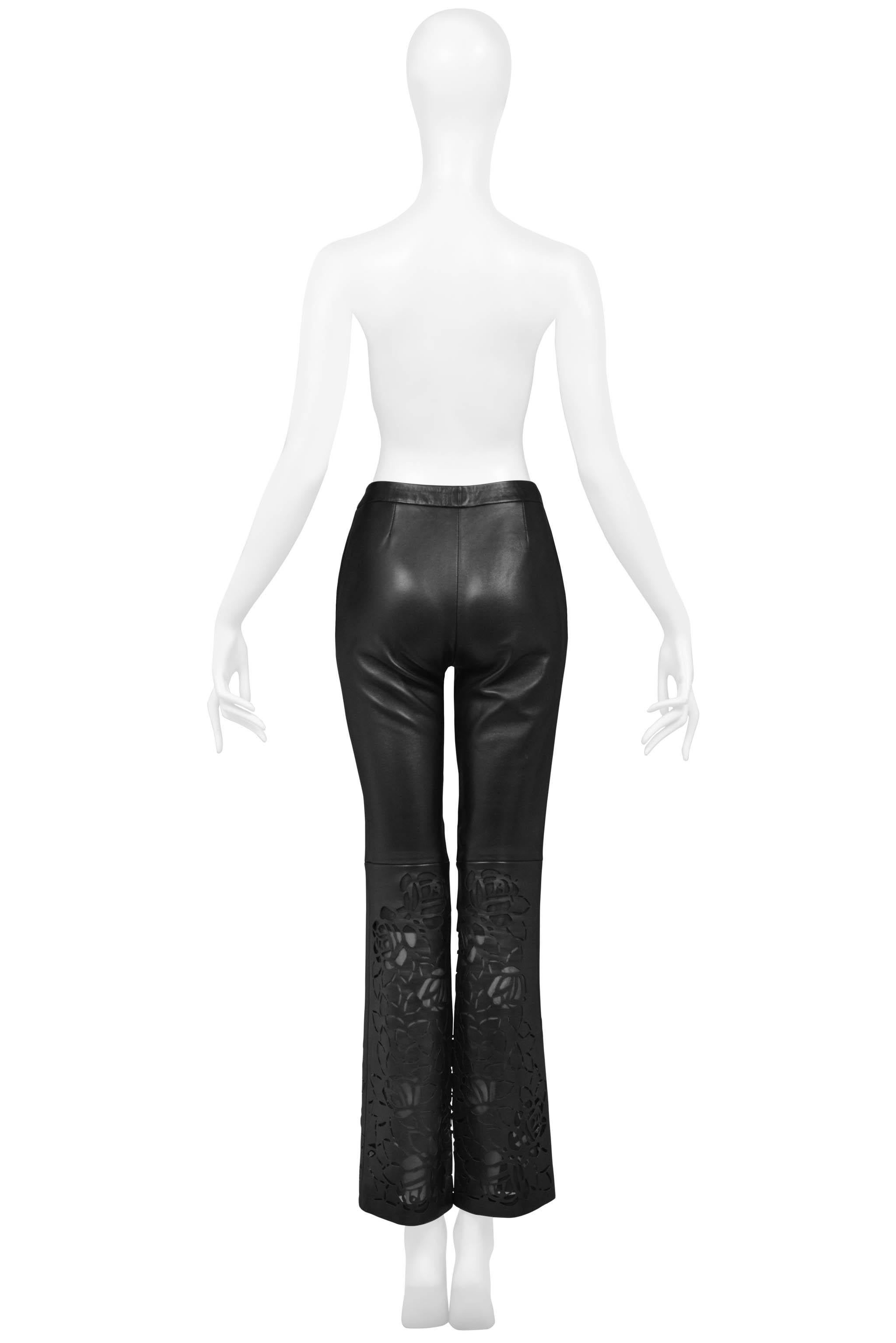 Versace Black Leather Pants With Floral Laser Cutouts For Sale at 1stDibs