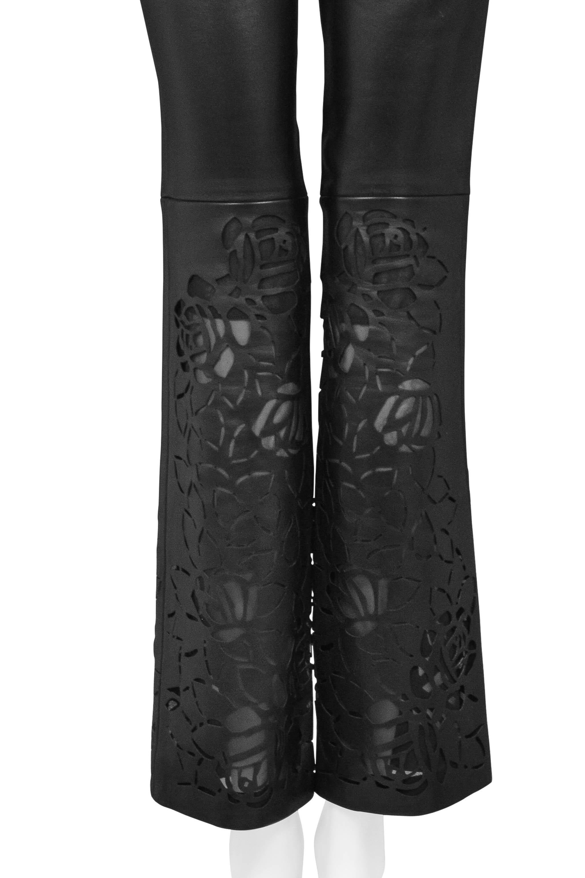 Versace Black Leather Pants With Floral Laser Cutouts For Sale at 1stDibs