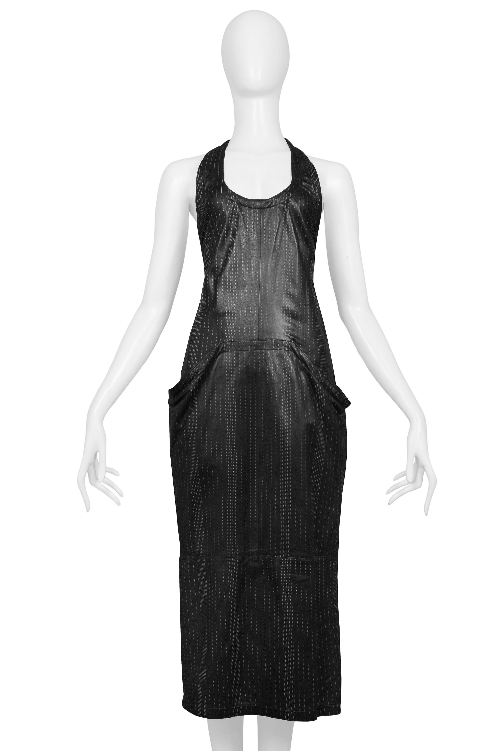 Versace Black Leather Pinstripe Tank Dress 1990S In Excellent Condition For Sale In Los Angeles, CA
