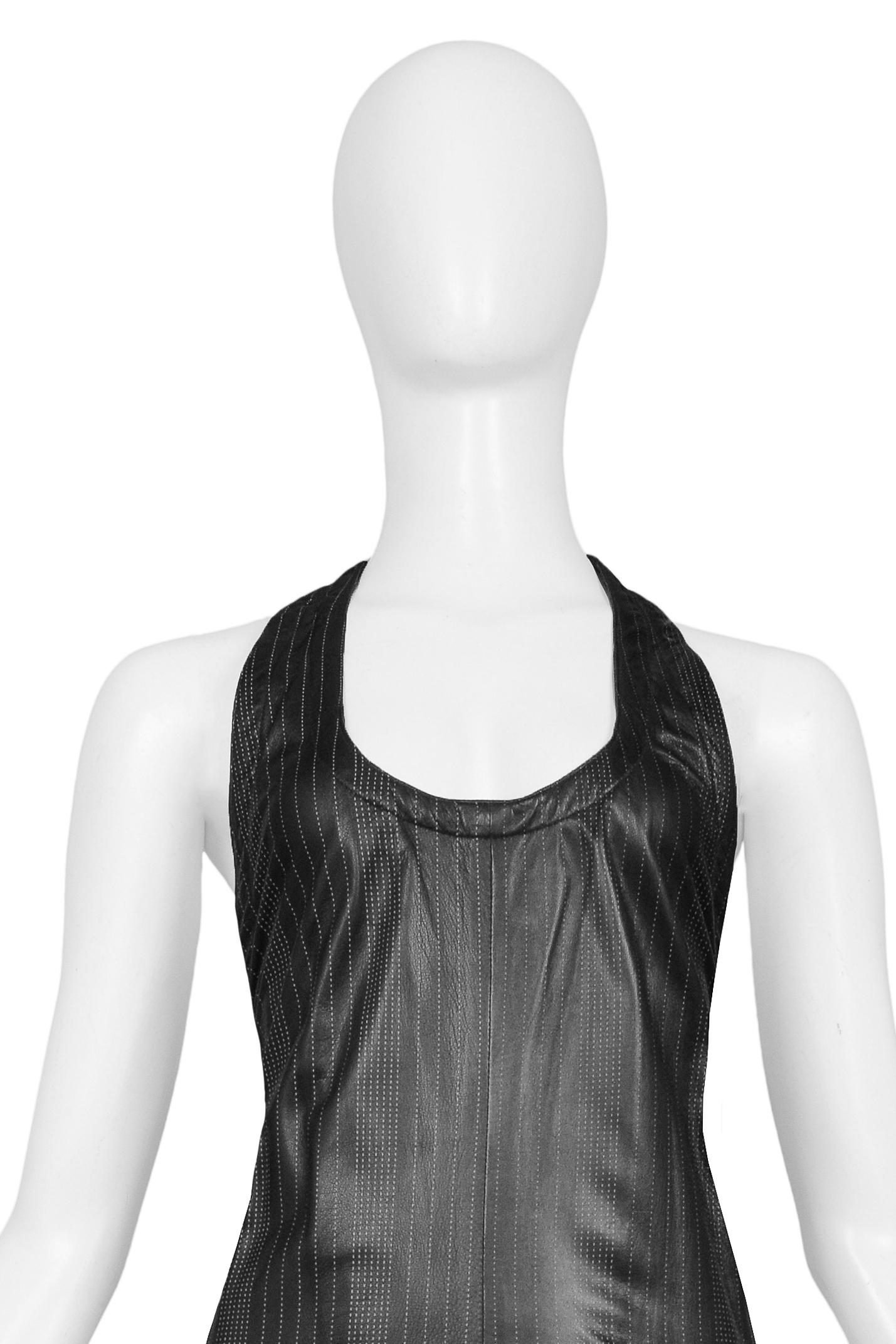 Women's Versace Black Leather Pinstripe Tank Dress 1990S For Sale