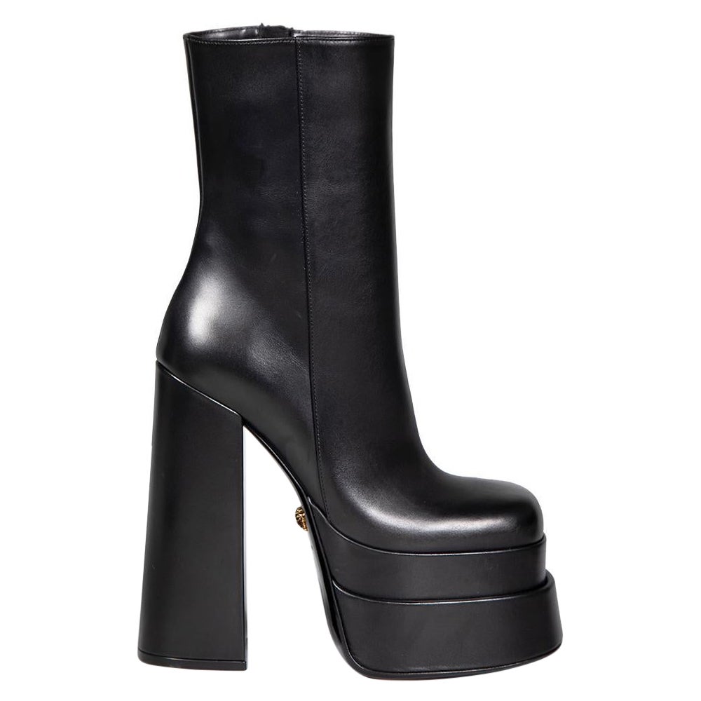 Versace Black Leather Platform Mid Calf Boots Size IT 36