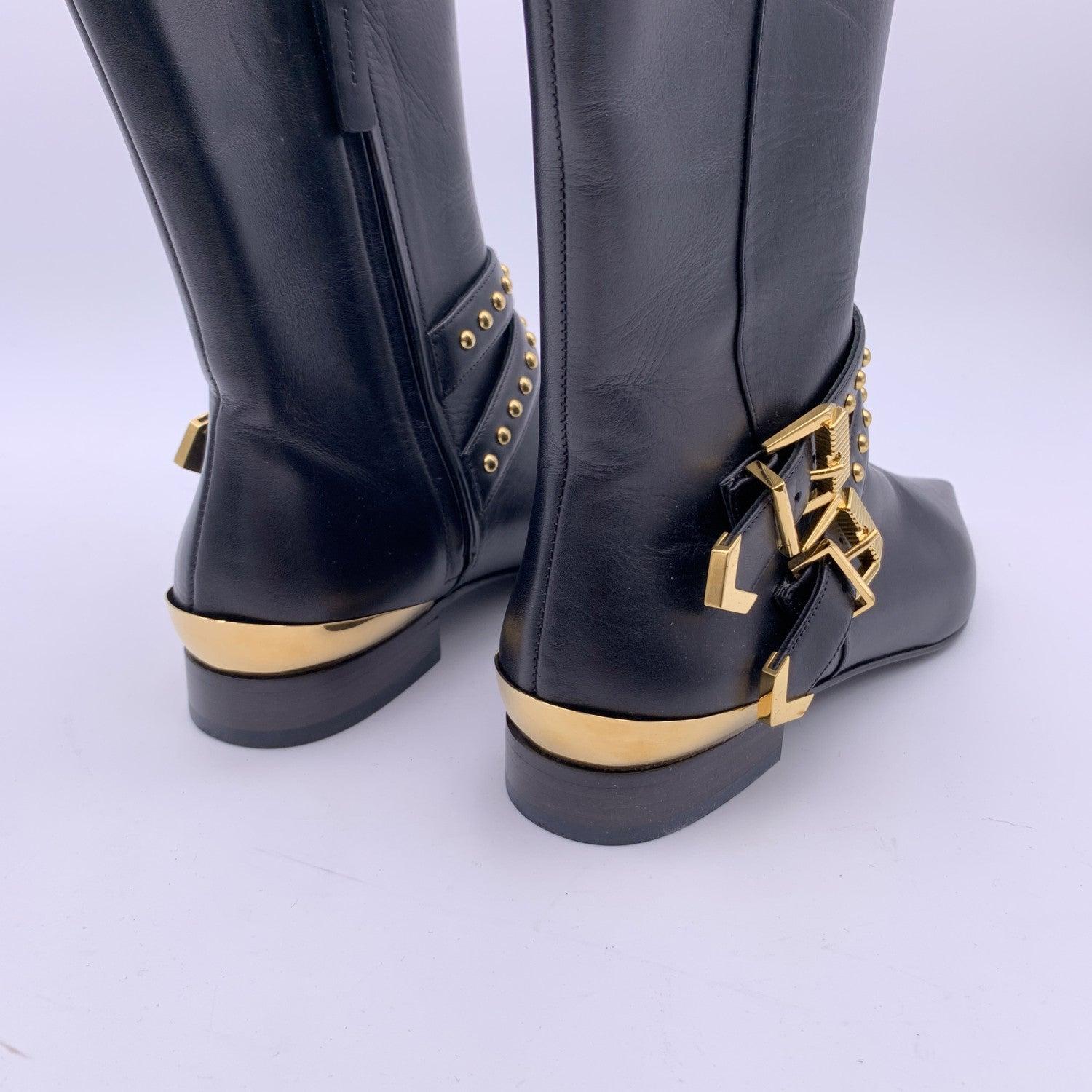 Women's Versace Black Leather Riding Boots with Gold Metal Buckles Size 36 For Sale
