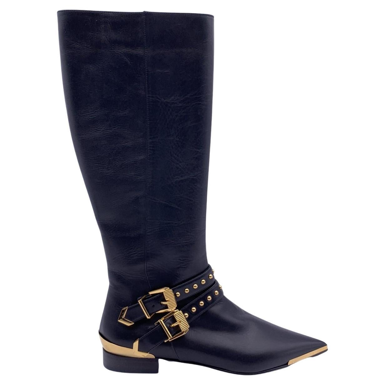 Versace Black Leather Riding Boots with Gold Metal Buckles Size 36 For Sale