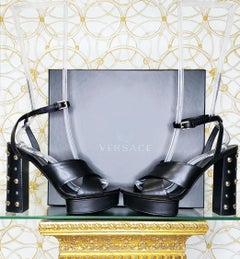 VERSACE BLACK LEATHER SANDALS SHOES with GOLD MEDUSA STUDS 36.5