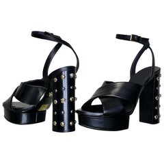 Used VERSACE BLACK LEATHER SANDALS SHOES with GOLD MEDUSA STUDS 36.5