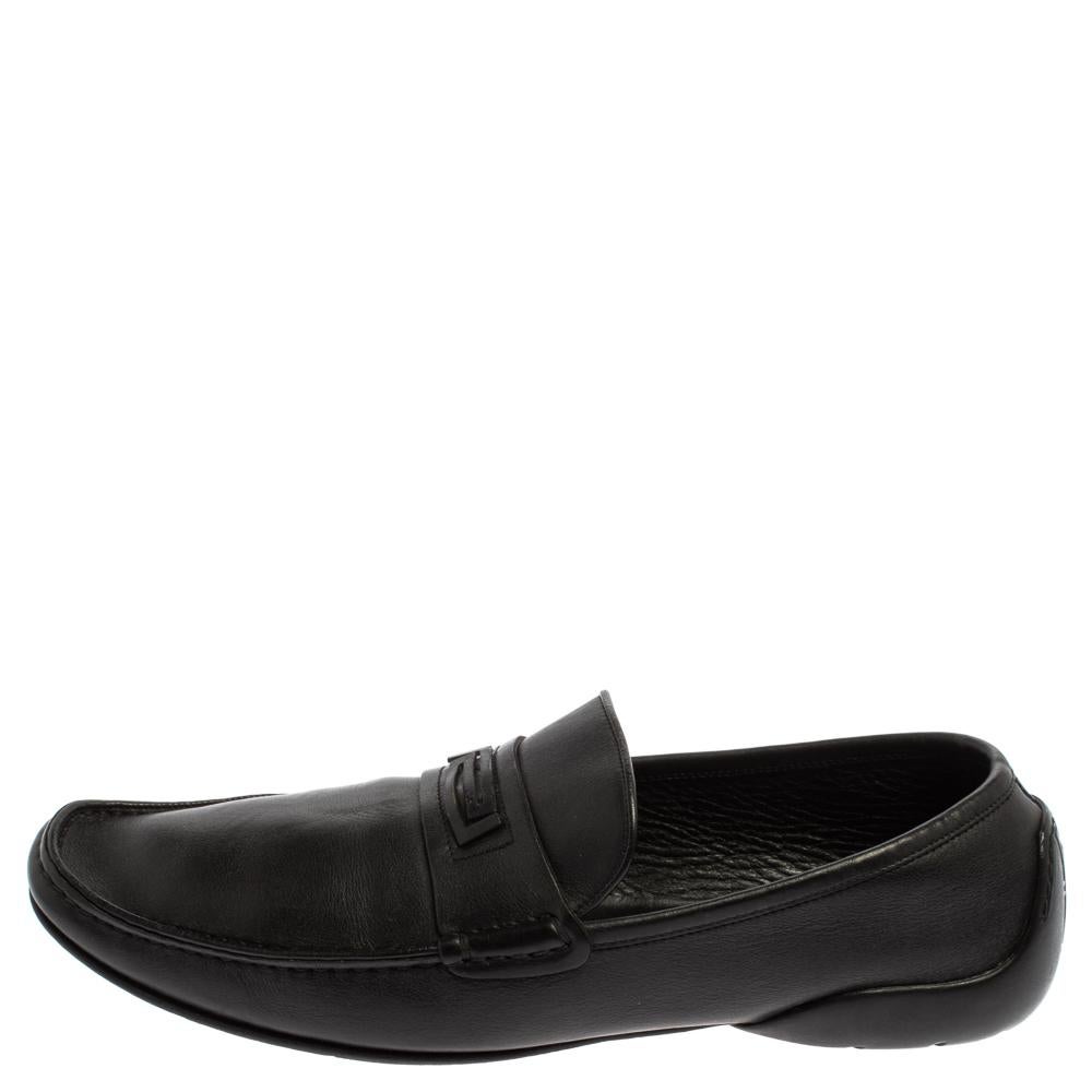 Versace Black Leather Slip On Loafers Size 44 For Sale 1