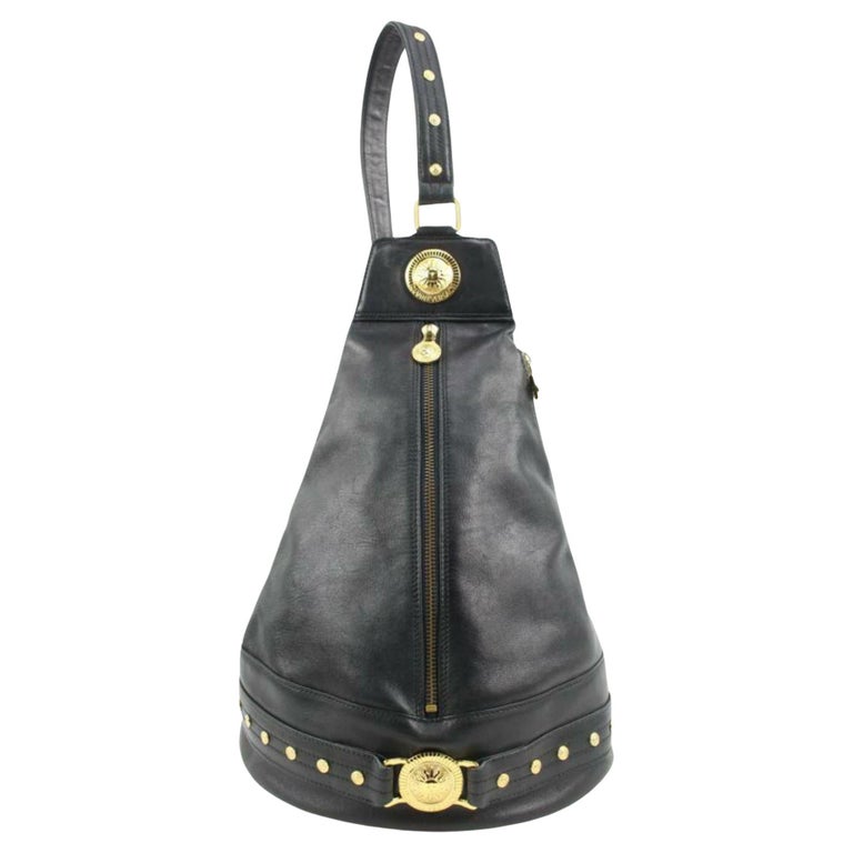 Versace Black Leather Studded Medusa Sling Bag 1V123a For Sale at 1stDibs