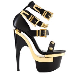 VERSACE Black Leather Studded Platform Chain Embellished Sandals 