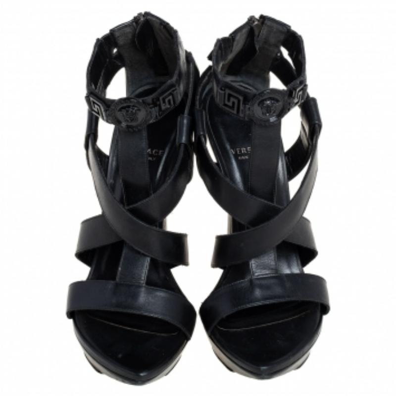 Women's Versace Black Leather T Strappy  Platform Sandals Size 37.5